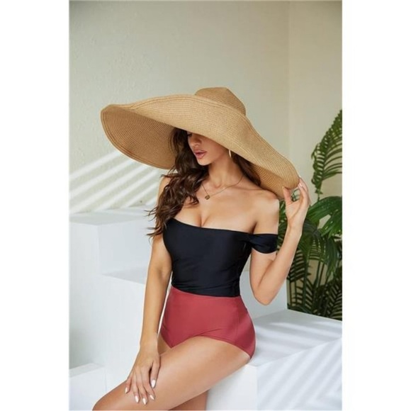 Khaki Straw Hat Trendy Wide Brim Floppy Large Oversized Visor Hat Cap Beach - Picture 2 of 6